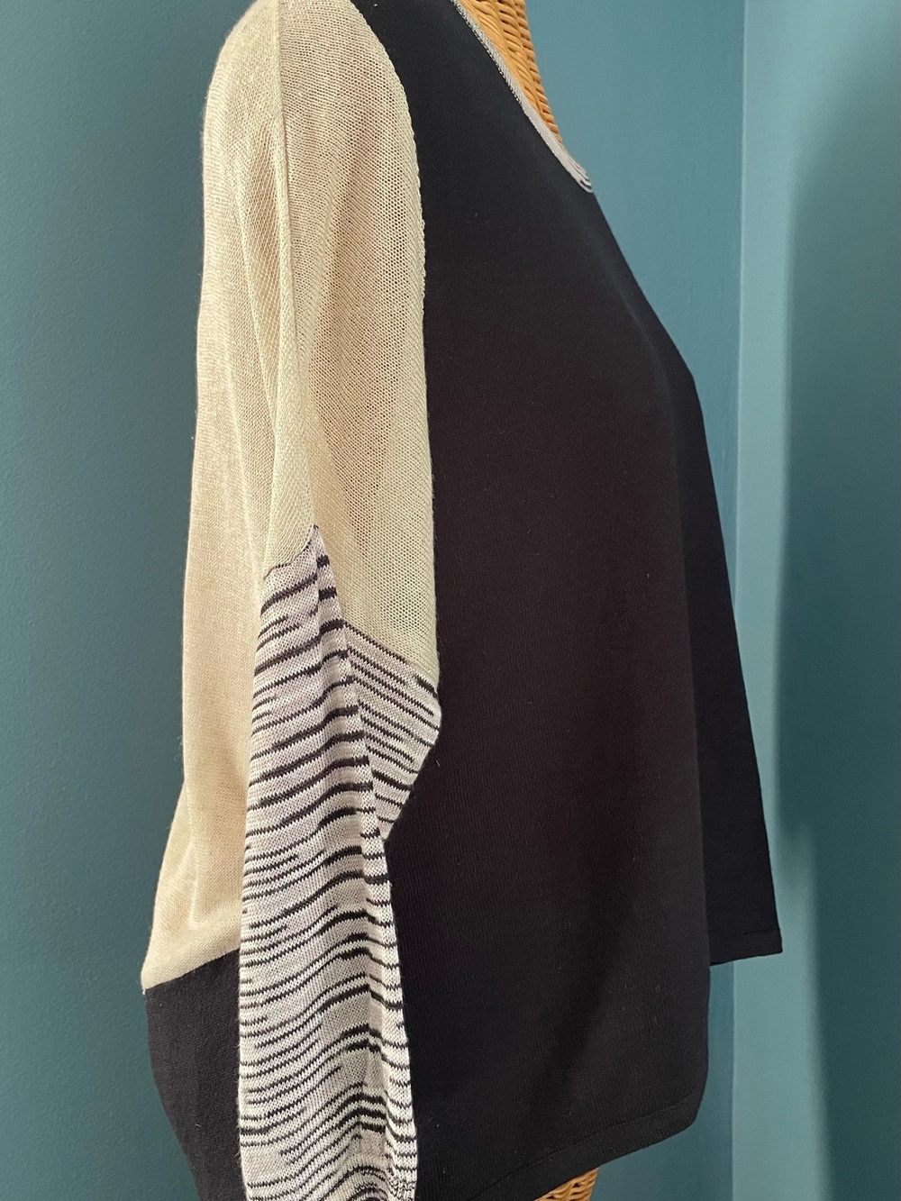 Orvis Pullover SweaterLinen Blend Color block Striped 3/4 Sleeve Black Cream - Picture 9 of 12